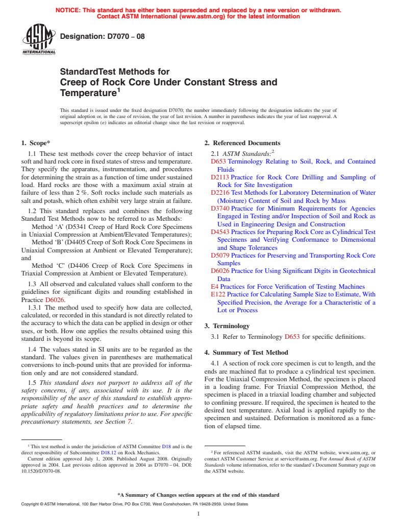 ASTM D7070-08 - Standard Test Methods for Creep of Rock Core Under Constant Stress and Temperature