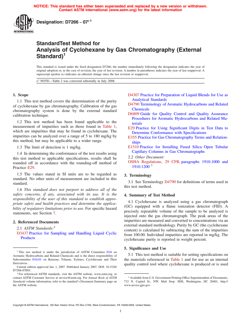 ASTM D7266-07e1 - Standard Test Method for Analysis of Cyclohexane by Gas Chromatography (External Standard)