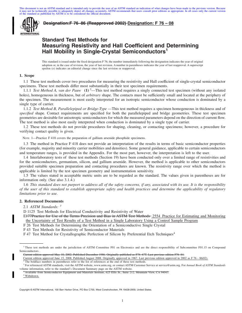 REDLINE ASTM F76-08 - Standard Test Methods for  Measuring Resistivity and Hall Coefficient and Determining Hall Mobility in Single-Crystal Semiconductors