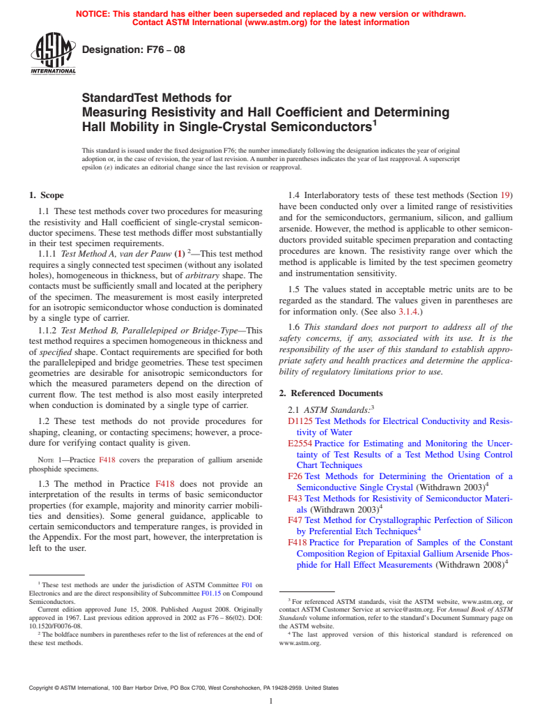 ASTM F76-08 - Standard Test Methods for  Measuring Resistivity and Hall Coefficient and Determining Hall Mobility in Single-Crystal Semiconductors