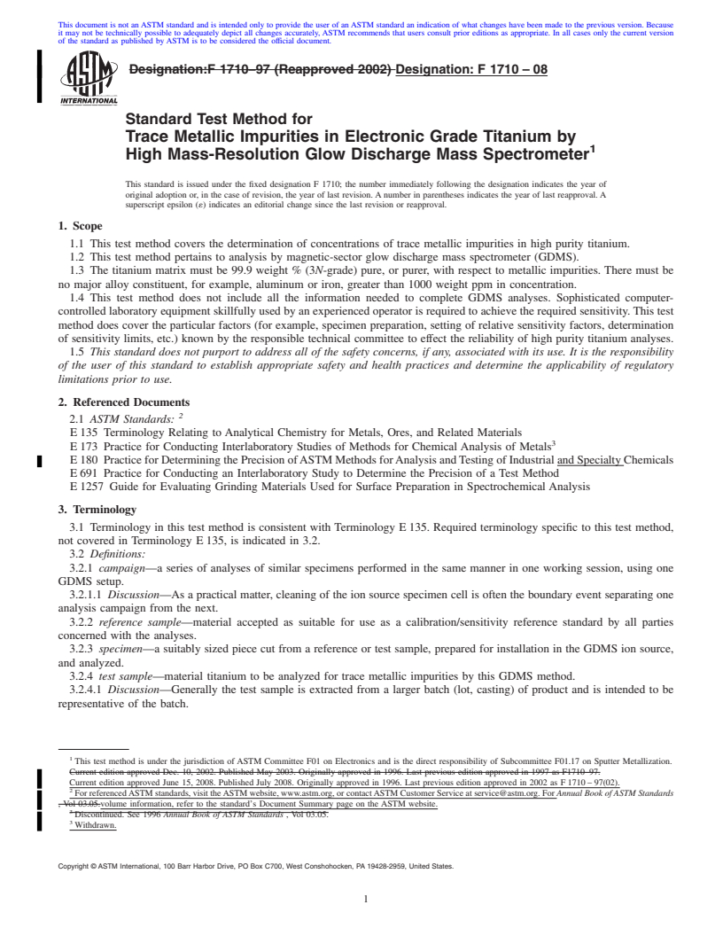 REDLINE ASTM F1710-08 - Standard Test Method for  Trace Metallic Impurities in Electronic Grade Titanium by High Mass-Resolution Glow Discharge Mass Spectrometer