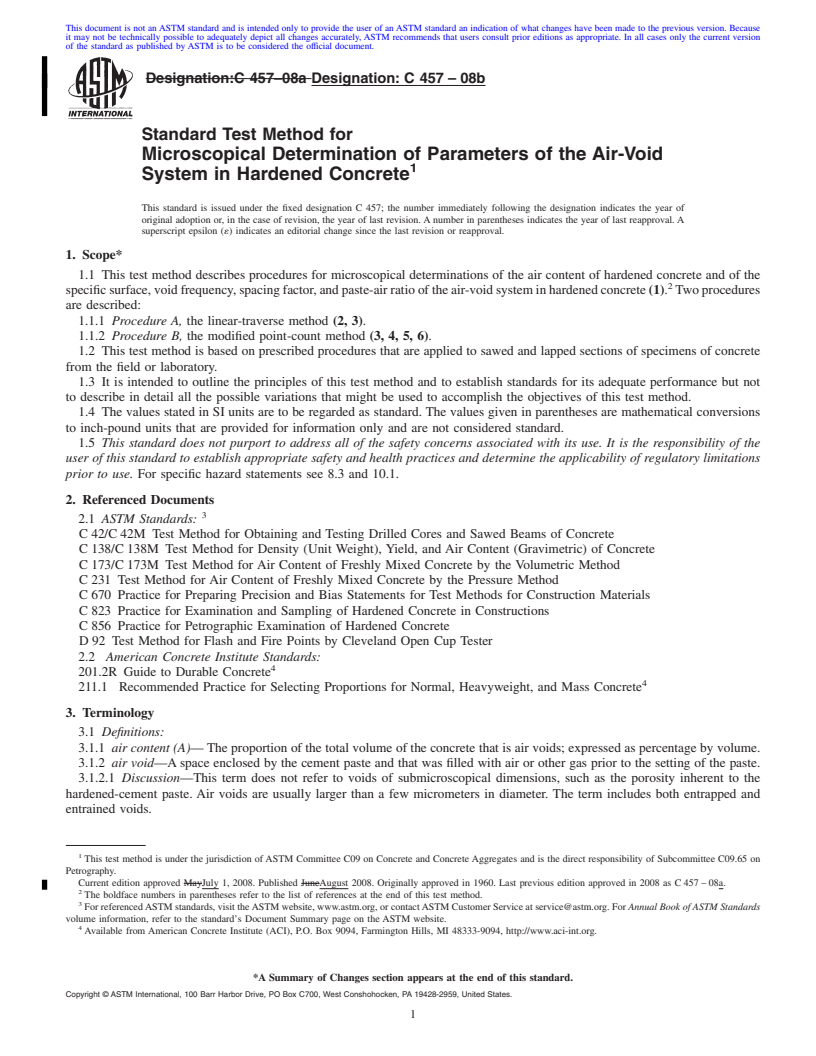 REDLINE ASTM C457-08b - Standard Test Method for Microscopical Determination of Parameters of the Air-Void System in Hardened Concrete