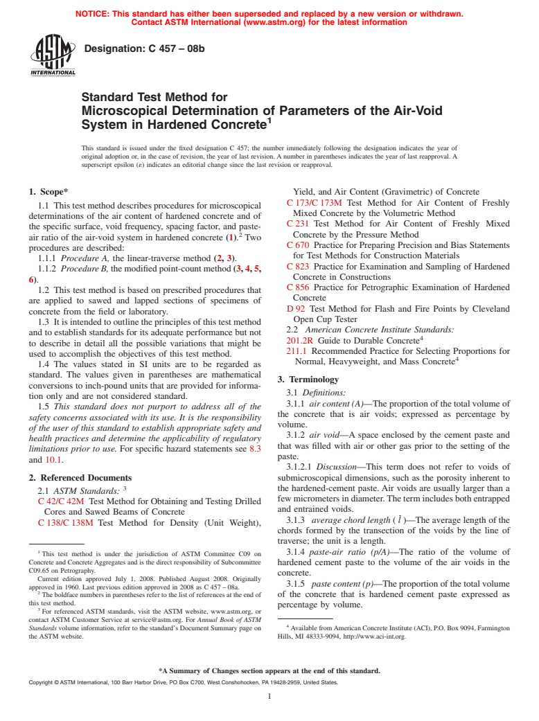 ASTM C457-08b - Standard Test Method for Microscopical Determination of Parameters of the Air-Void System in Hardened Concrete