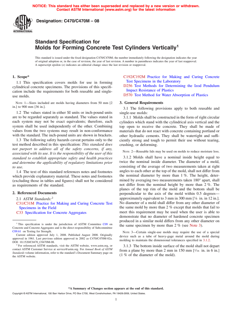 ASTM C470/C470M-08 - Standard Specification for Molds for Forming Concrete Test Cylinders Vertically