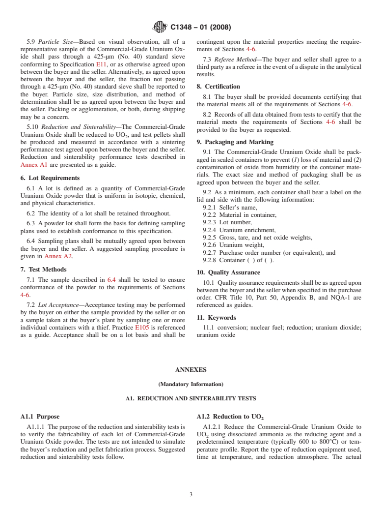 ASTM C1348-01(2008) - Standard Specification for  Blended Uranium Oxides with <sup>235</sup>U Content of Less Than 5 % for Direct Hydrogen Reduction to Nuclear Grade Uranium Dioxide (Withdrawn 2013)