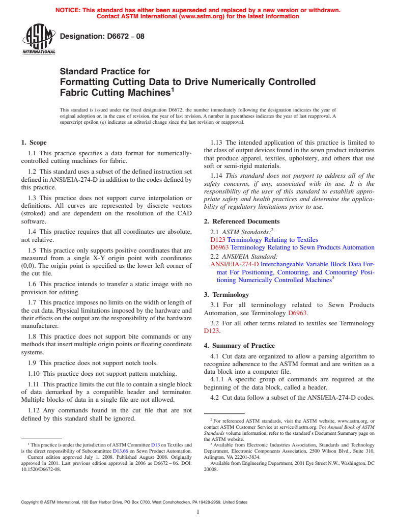 ASTM D6672-08 - Standard Practice for Formatting Cutting Data to Drive Numerically Controlled Fabric Cutting Machines (Withdrawn 2017)