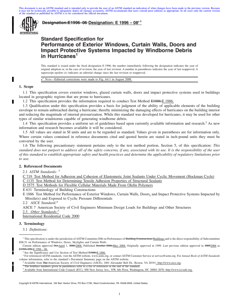 REDLINE ASTM E1996-08e1 - Standard Specification for Performance of Exterior Windows, Curtain Walls, Doors and Impact Protective  Systems Impacted by Windborne Debris in Hurricanes