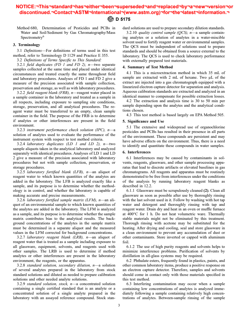 ASTM D5175-91(1996)e1 - Standard Test Method for Organohalide Pesticides and Polychlorinated Biphenyls in Water by Microextraction and Gas Chromatography