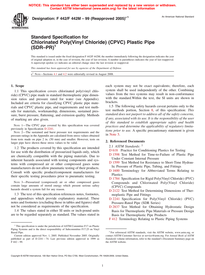 ASTM F442/F442M-99(2005)e1 - Standard Specification for  Chlorinated Poly(Vinyl Chloride) (CPVC) Plastic Pipe (SDR<span class='unicode'>&#x2013;</span>PR)