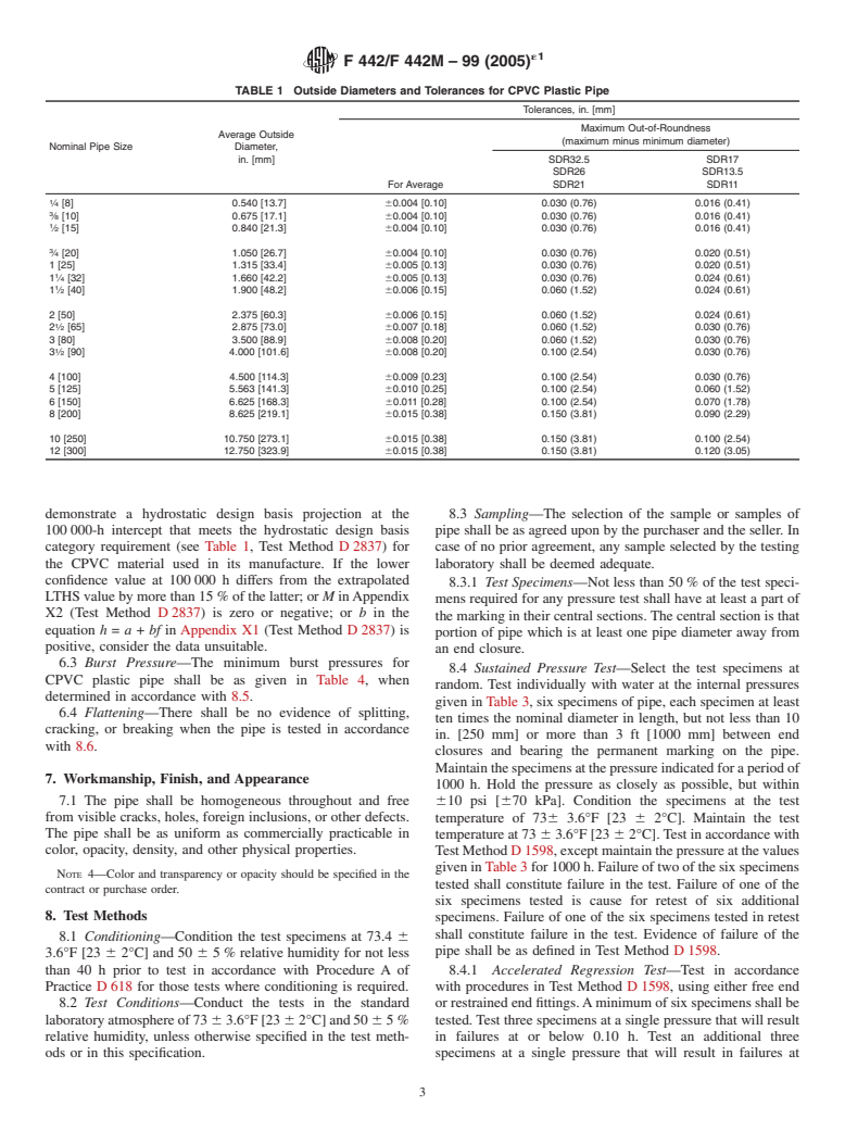 ASTM F442/F442M-99(2005)e1 - Standard Specification for  Chlorinated Poly(Vinyl Chloride) (CPVC) Plastic Pipe (SDR<span class='unicode'>&#x2013;</span>PR)