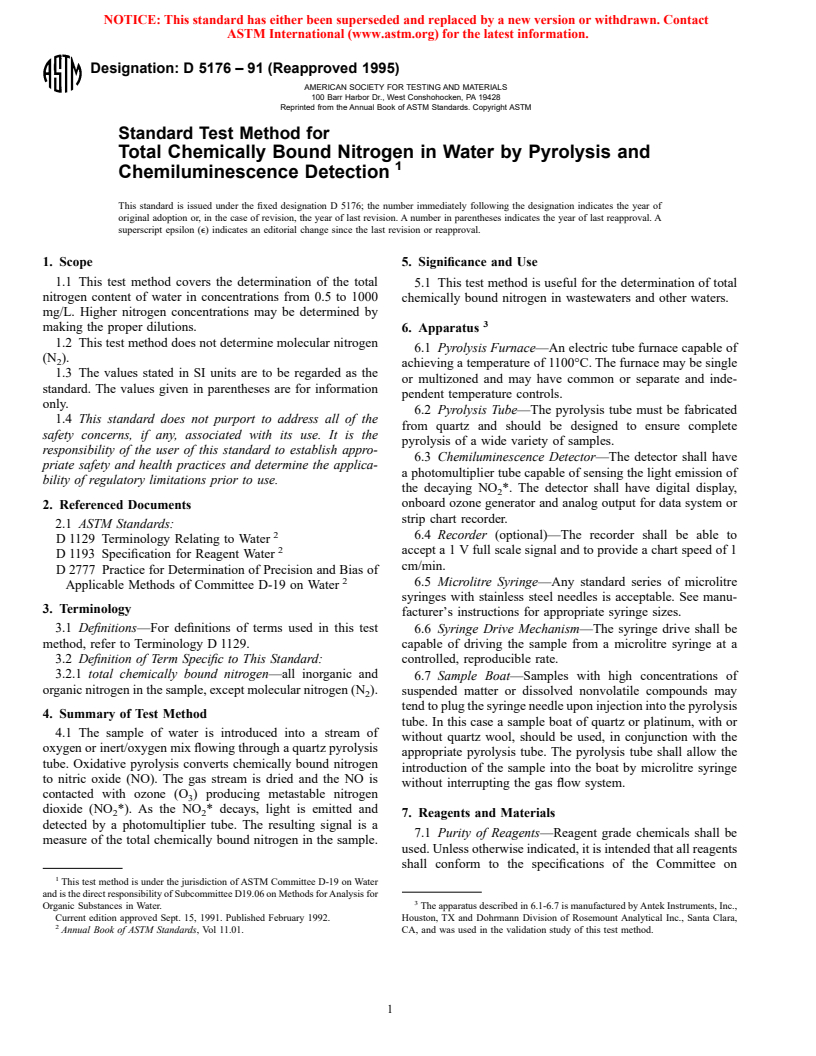 ASTM D5176-91(1995) - Standard Test Method for Total Chemically Bound Nitrogen in Water by Pyrolysis and Chemiluminescence Detection