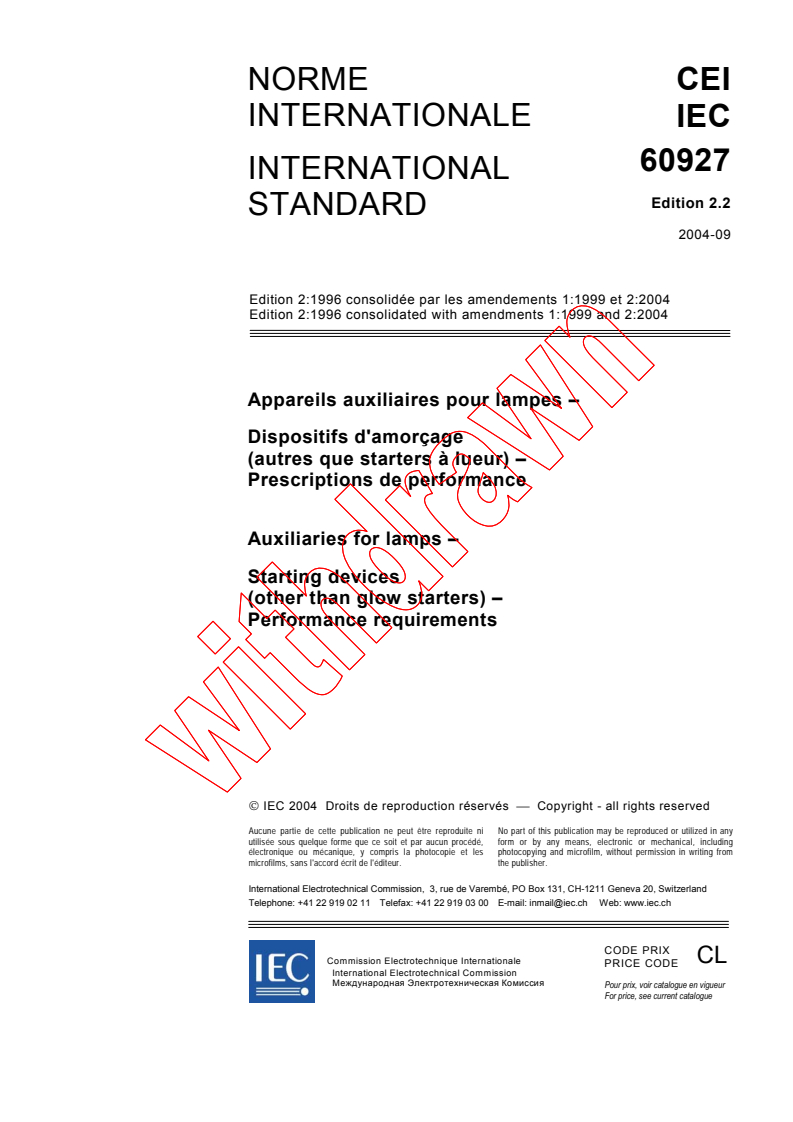 IEC 60927:1996+AMD1:1999+AMD2:2004 CSV - Auxiliaries for lamps - Starting devices (other than glow starters) - Performance requirements
Released:9/6/2004
Isbn:2831875935