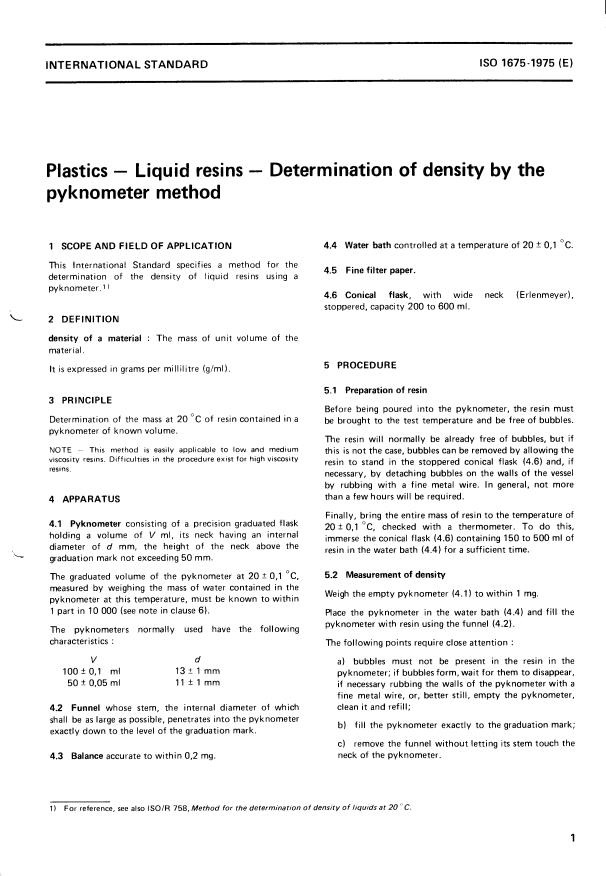 ISO 1675:1975 - Plastics -- Liquid resins -- Determination of density by the pyknometer method