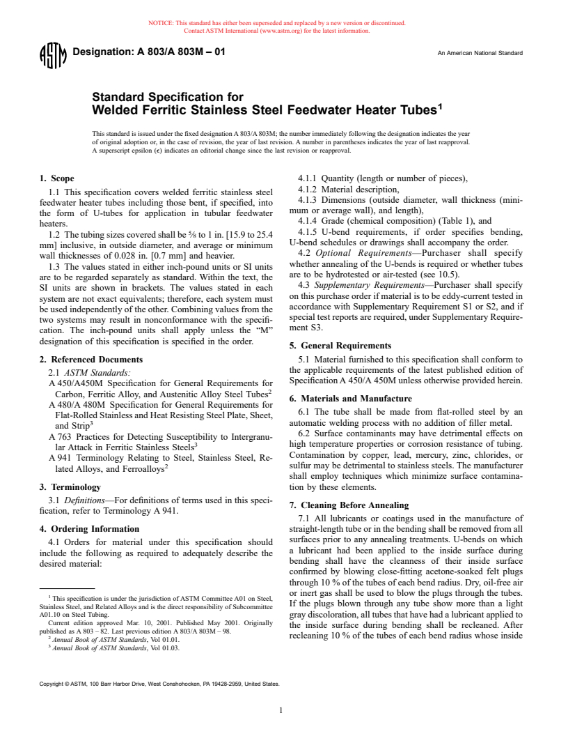 ASTM A803/A803M-01 - Standard Specification for Welded Ferritic Stainless Steel Feedwater Heater Tubes