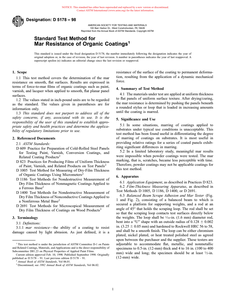 ASTM D5178-98 - Standard Test Method for Mar Resistance of Organic Coatings