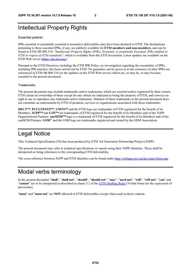 ETSI TS 136 307 V15.7.0 (2021-05) - LTE; Evolved Universal Terrestrial Radio Access (E-UTRA); Requirements on User Equipments (UEs) supporting a release-independent frequency band (3GPP TS 36.307 version 15.7.0 Release 15)