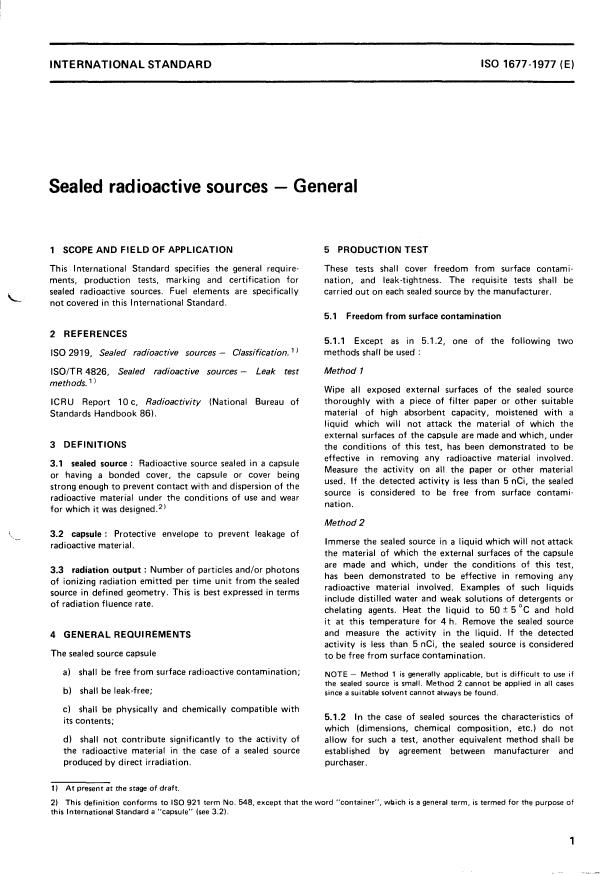 ISO 1677:1977 - Sealed radioactive sources -- General