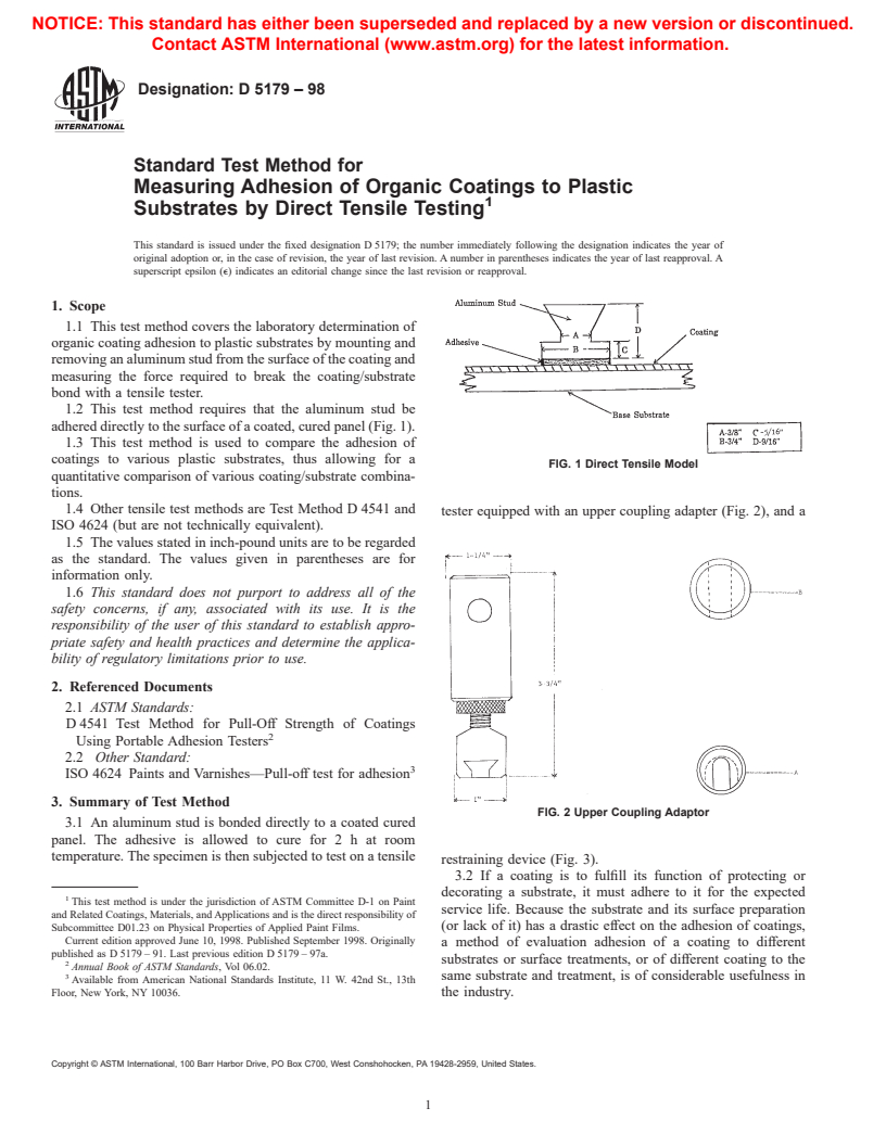 ASTM D5179-98 - Standard Test Method for Measuring Adhesion of Organic Coatings to Plastic Substrates by Direct Tensile Testing