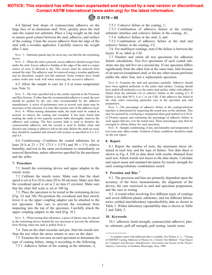 ASTM D5179-98 - Standard Test Method for Measuring Adhesion of Organic Coatings to Plastic Substrates by Direct Tensile Testing