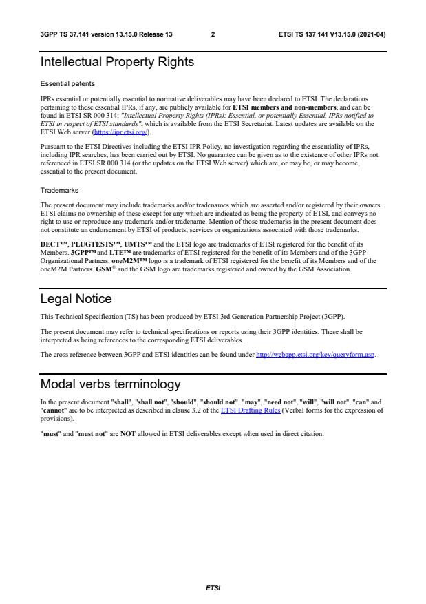 ETSI TS 137 141 V13.15.0 (2021-04) - Digital cellular telecommunications system (Phase 2+) (GSM); Universal Mobile Telecommunications System (UMTS); LTE; 5G; NR, E-UTRA, UTRA and GSM/EDGE; Multi-Standard Radio (MSR) Base Station (BS) conformance testing (3GPP TS 37.141 version 13.15.0 Release 13)