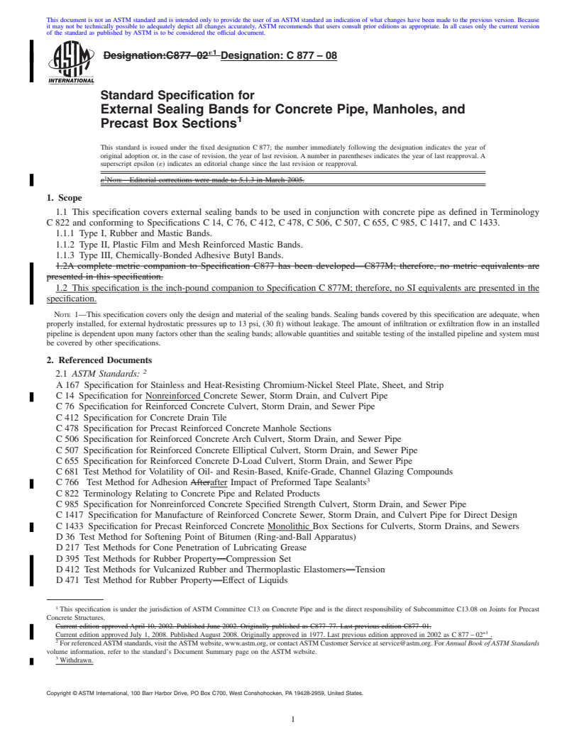 REDLINE ASTM C877-08 - Standard Specification for  External Sealing Bands for Concrete Pipe, Manholes, and Precast Box Sections