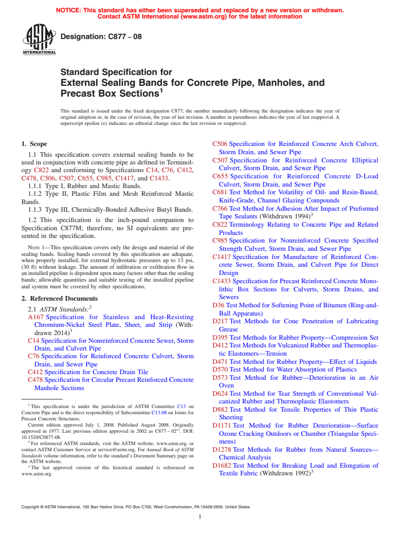 ASTM C877-08 - Standard Specification for  External Sealing Bands for Concrete Pipe, Manholes, and Precast Box Sections