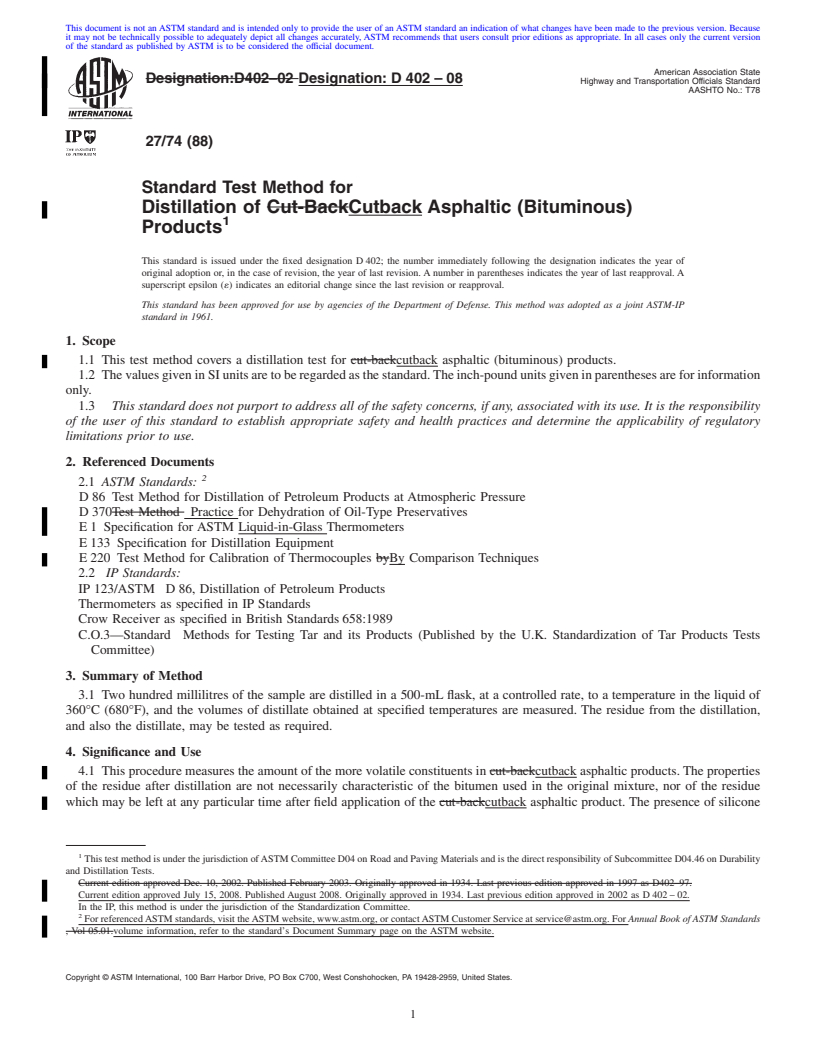 REDLINE ASTM D402-08 - Standard Test Method for  Distillation of Cutback Asphaltic (Bituminous) Products