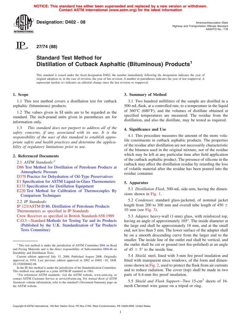 ASTM D402-08 - Standard Test Method for  Distillation of Cutback Asphaltic (Bituminous) Products