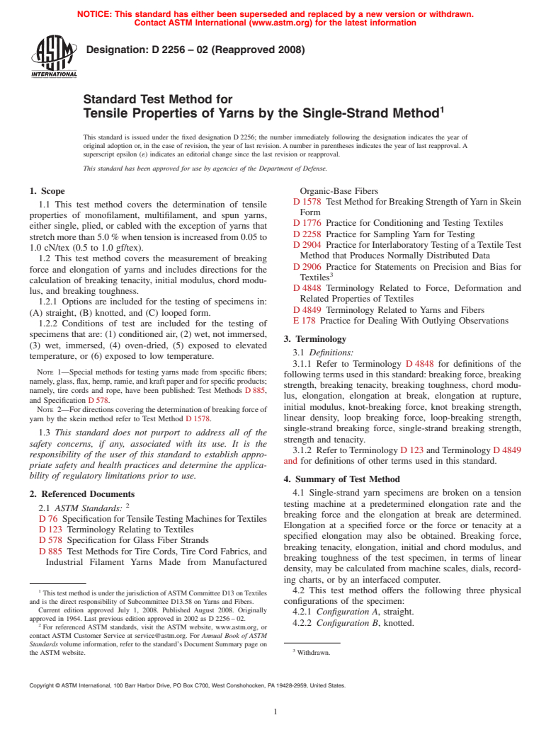 ASTM D2256-02(2008) - Standard Test Method for Tensile Properties of Yarns by the Single-Strand Method