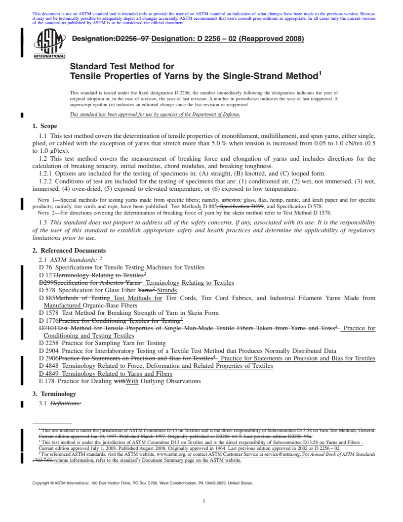 REDLINE ASTM D2256-02(2008) - Standard Test Method for Tensile Properties of Yarns by the Single-Strand Method