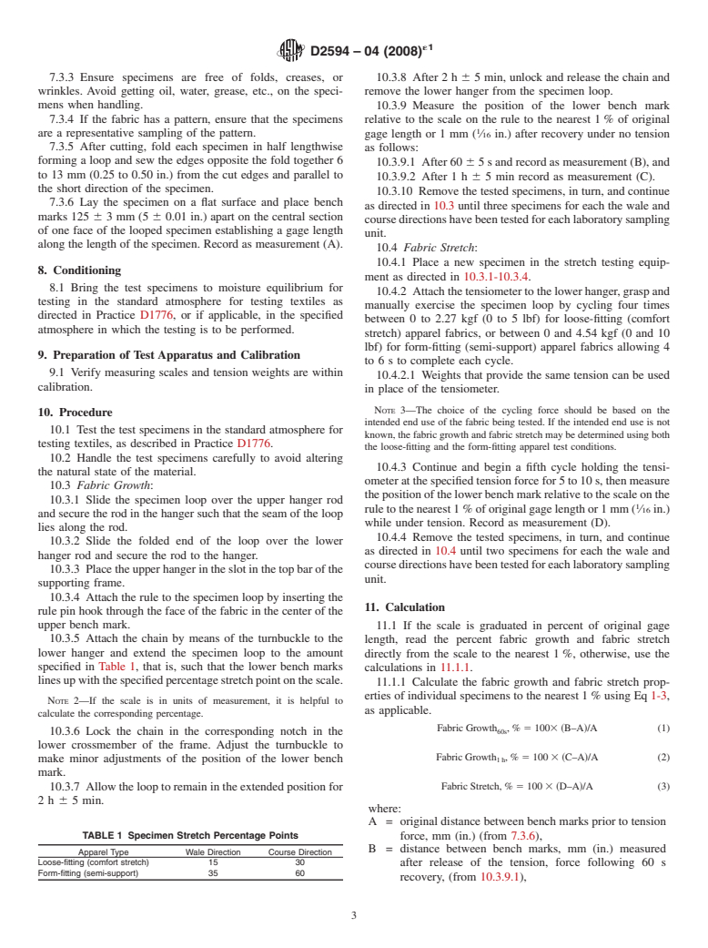 ASTM D2594-04(2008)e1 - Standard Test Method for Stretch Properties of Knitted Fabrics Having Low Power