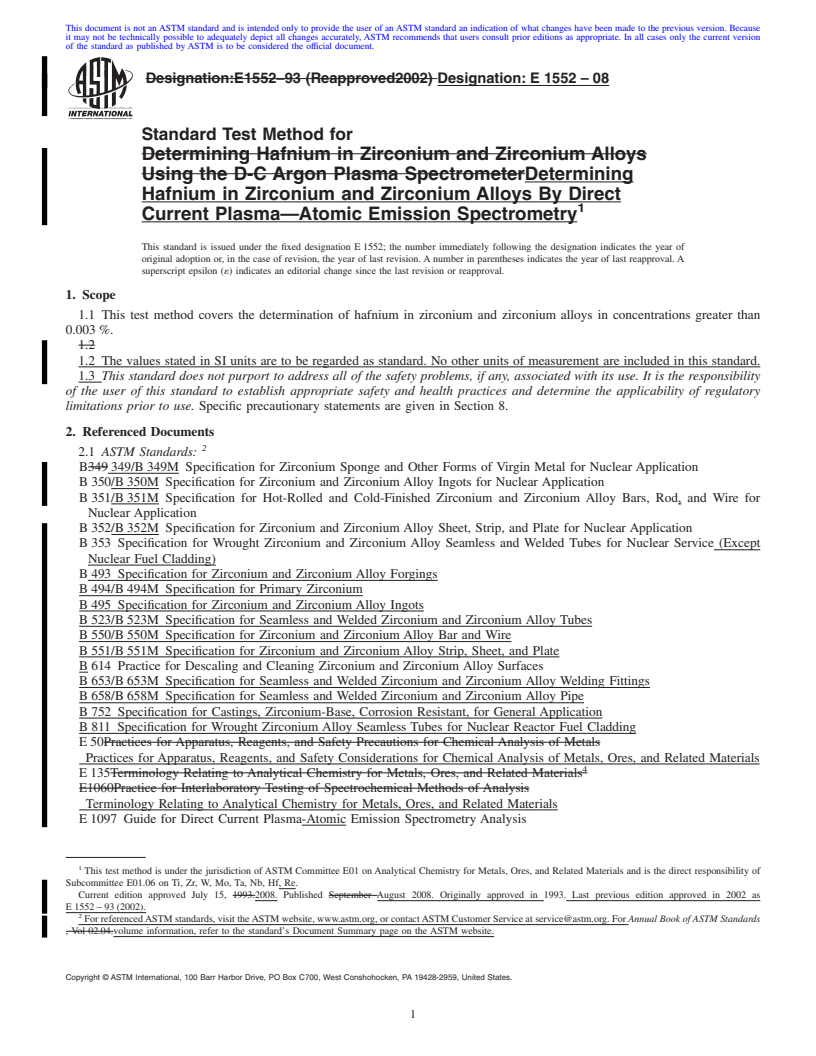 REDLINE ASTM E1552-08 - Standard Test Method for Determining Hafnium in Zirconium and Zirconium Alloys By Direct Current Plasma<span class='unicode'>&#x2014;</span>Atomic Emission Spectrometry