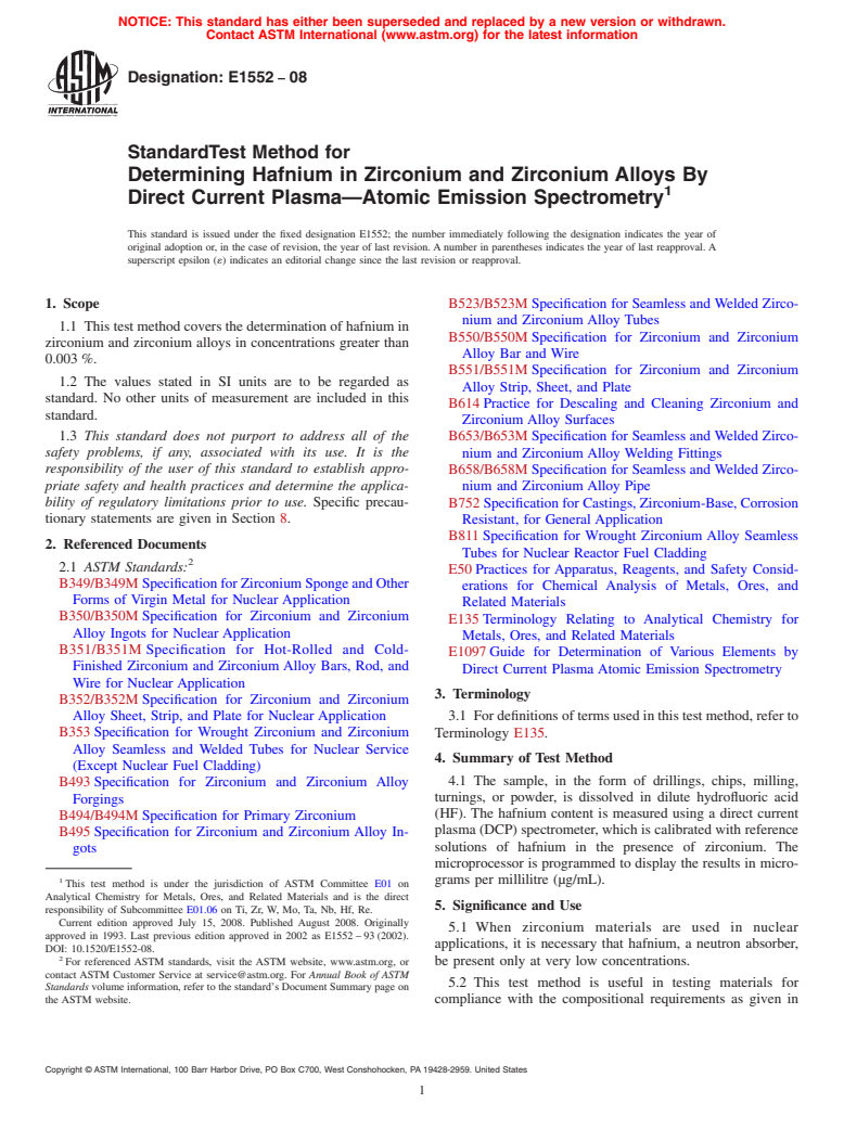 ASTM E1552-08 - Standard Test Method for Determining Hafnium in Zirconium and Zirconium Alloys By Direct Current Plasma<span class='unicode'>&#x2014;</span>Atomic Emission Spectrometry