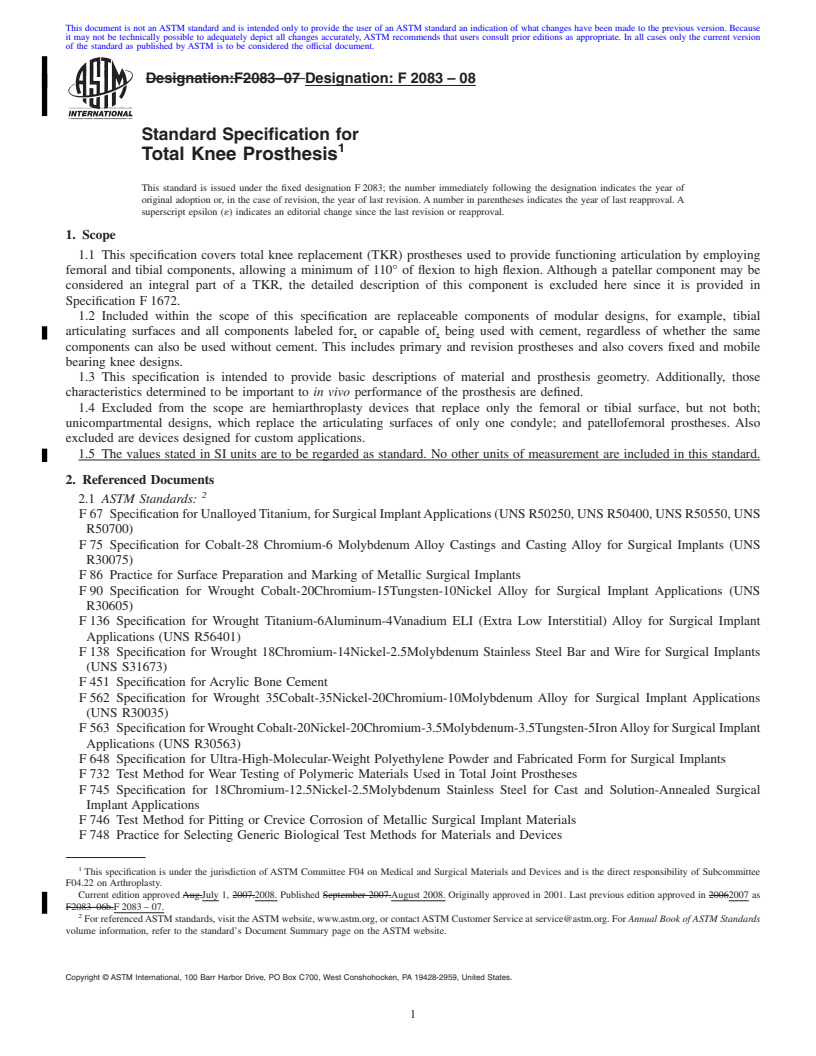 REDLINE ASTM F2083-08 - Standard Specification for Total Knee Prosthesis