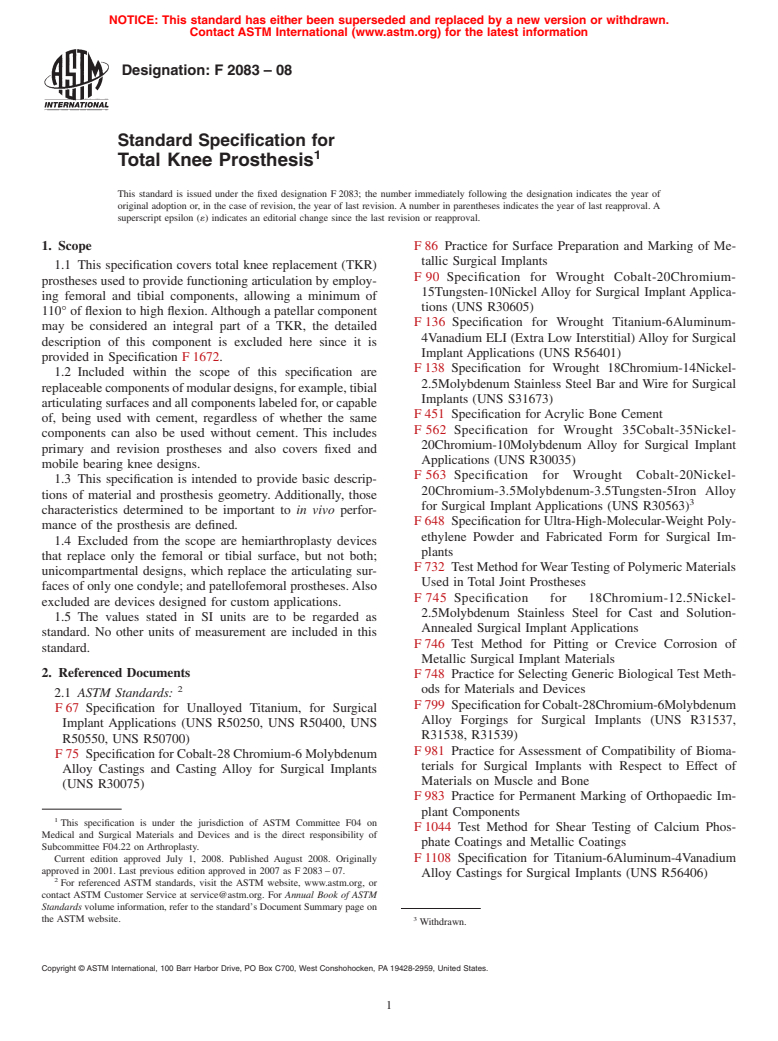 ASTM F2083-08 - Standard Specification for Total Knee Prosthesis