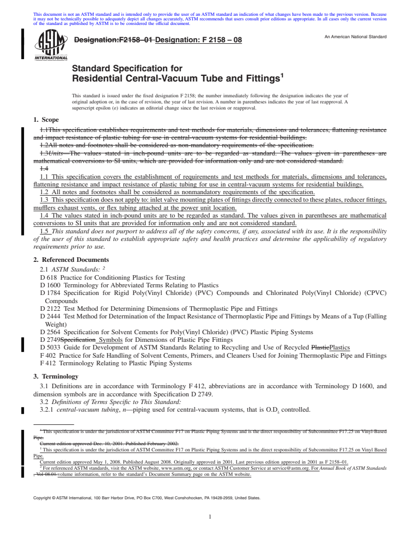 REDLINE ASTM F2158-08 - Standard Specification for Residential Central-Vacuum Tube and Fittings