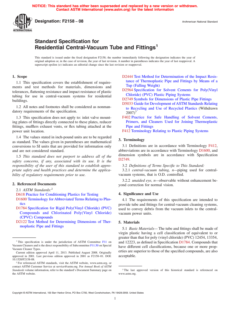 ASTM F2158-08 - Standard Specification for Residential Central-Vacuum Tube and Fittings