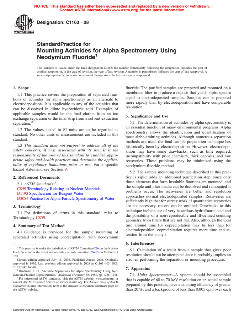 ASTM C1163-08 - Standard Practice for Mounting Actinides for Alpha Spectrometry Using Neodymium Fluoride