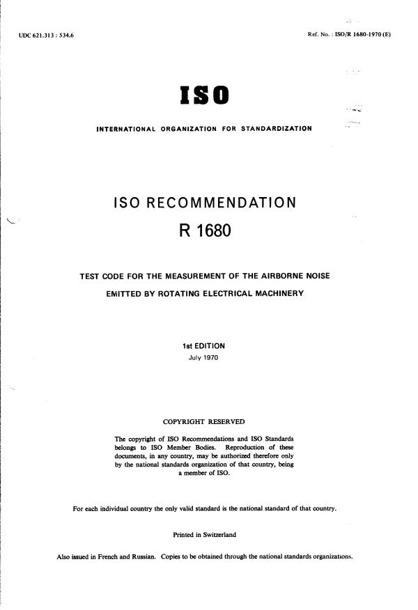ISO/R 1680:1970 - Test code for the measurement of the airborne noise emitted by rotating electrical machinery