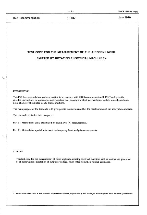 ISO/R 1680:1970 - Test code for the measurement of the airborne noise emitted by rotating electrical machinery
