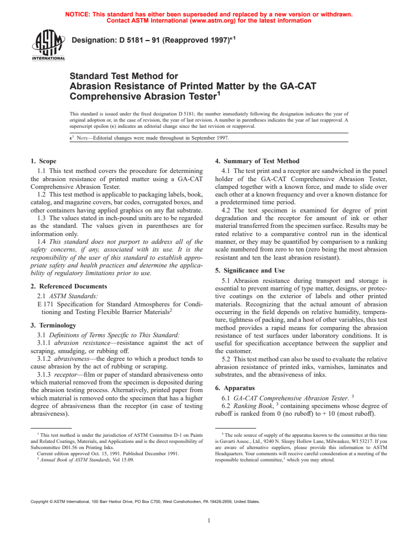ASTM D5181-91(1997)e1 - Standard Test Method for Abrasion Resistance of Printed Matter by the GA-CAT Comprehensive Abrasion Tester