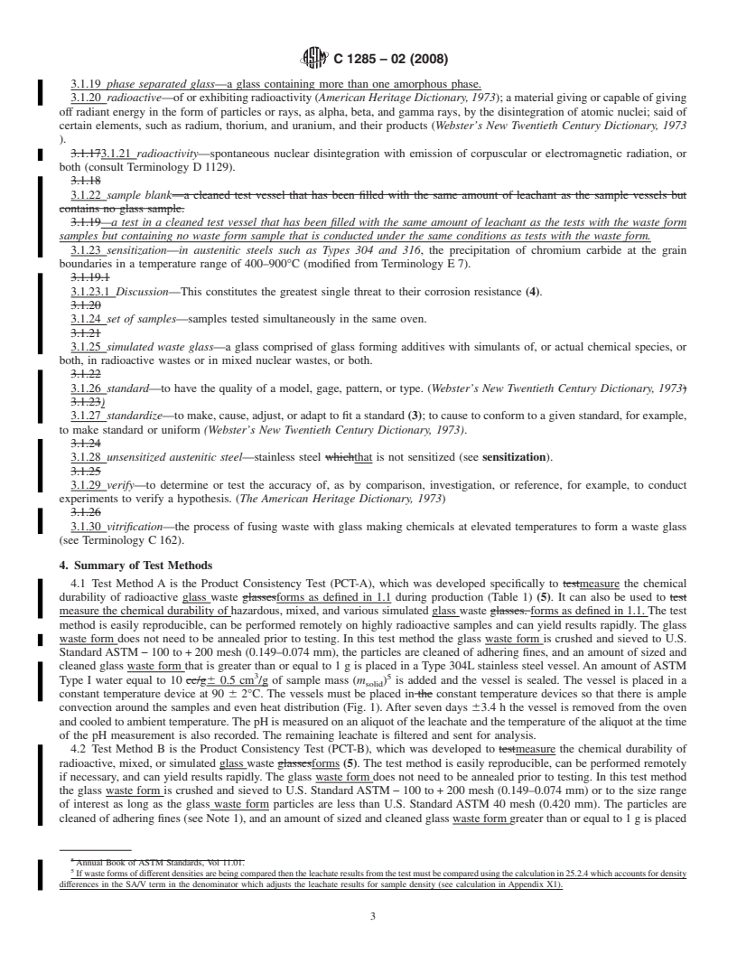 REDLINE ASTM C1285-02(2008) - Standard Test Methods for Determining Chemical Durability of Nuclear, Hazardous, and Mixed Waste Glasses and Multiphase Glass Ceramics: The Product Consistency Test (PCT)