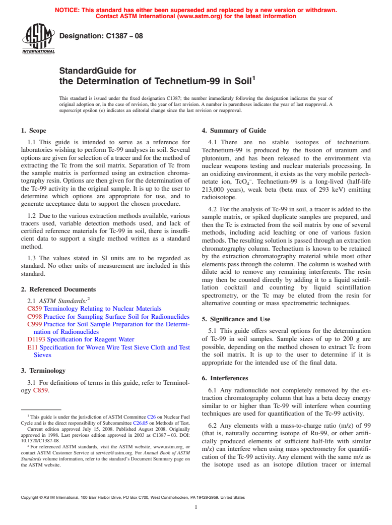 ASTM C1387-08 - Standard Guide for the Determination of Technetium-99 in Soil