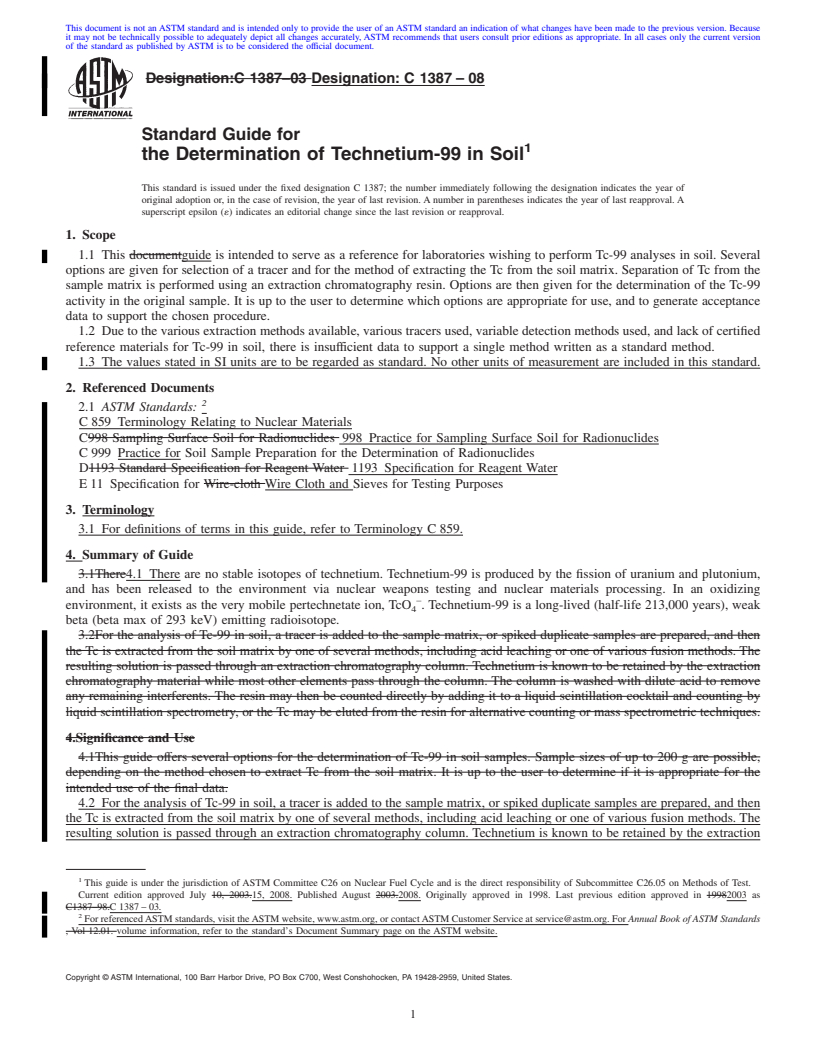 REDLINE ASTM C1387-08 - Standard Guide for the Determination of Technetium-99 in Soil