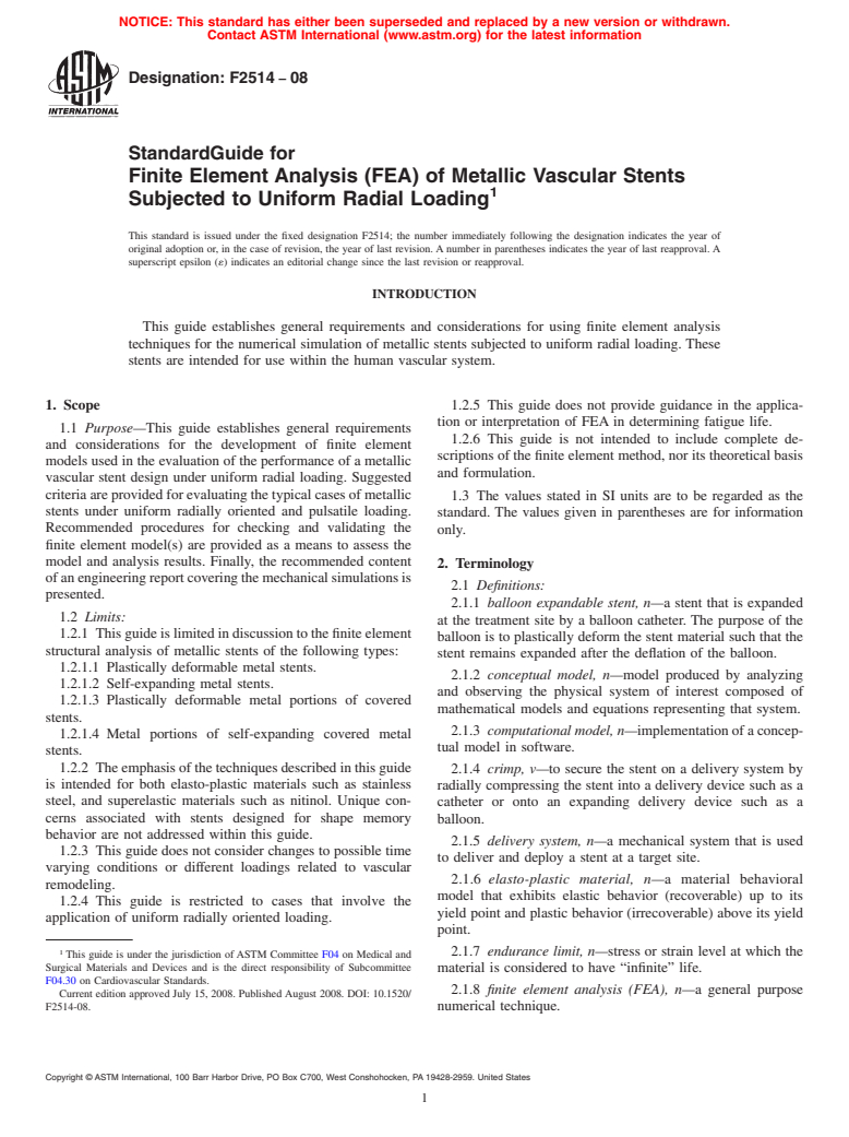 ASTM F2514-08 - Standard Guide for Finite Element Analysis (FEA) of Metallic Vascular Stents Subjected to Uniform Radial Loading