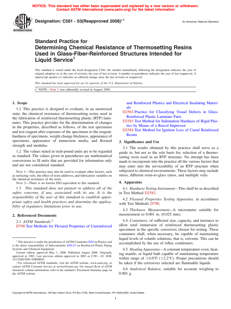 ASTM C581-03(2008)e1 - Standard Practice for  Determining Chemical Resistance of Thermosetting Resins Used in Glass-Fiber-Reinforced Structures Intended for Liquid Service