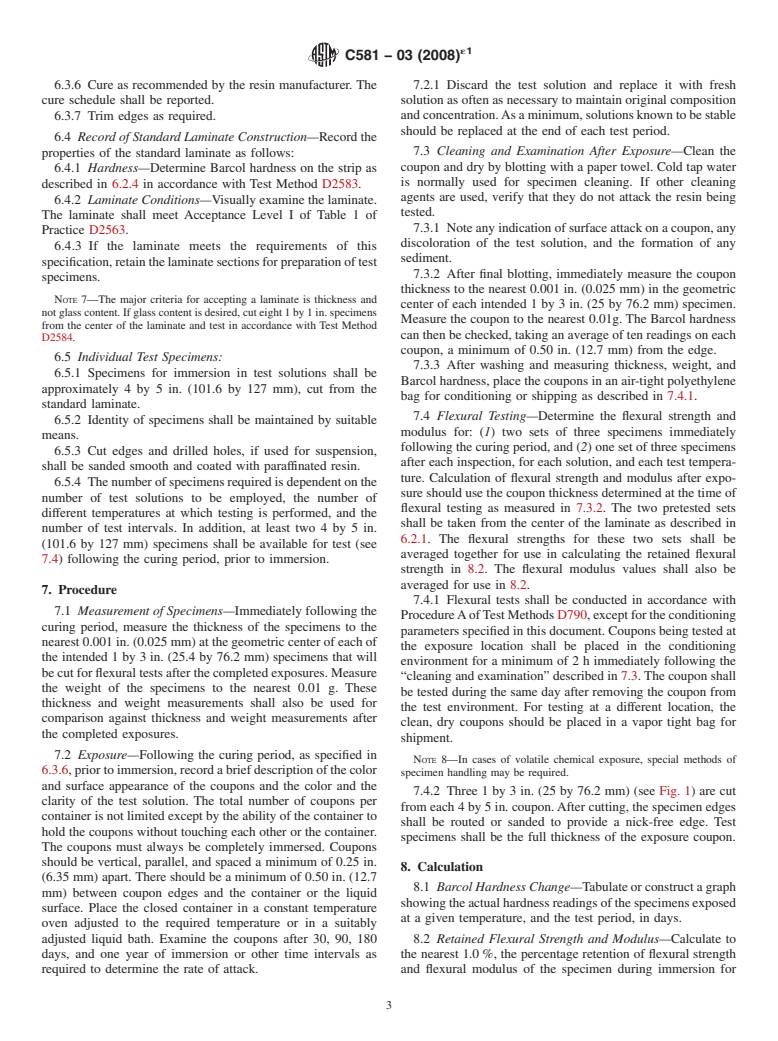 ASTM C581-03(2008)e1 - Standard Practice for  Determining Chemical Resistance of Thermosetting Resins Used in Glass-Fiber-Reinforced Structures Intended for Liquid Service