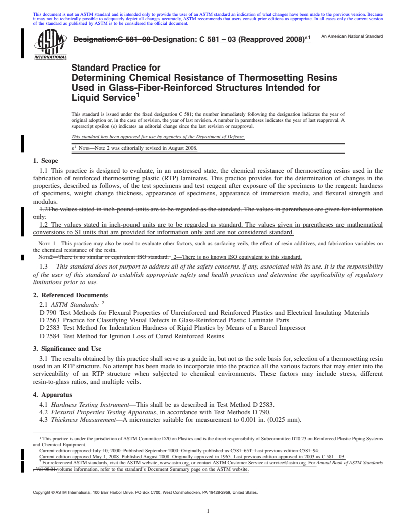 REDLINE ASTM C581-03(2008)e1 - Standard Practice for  Determining Chemical Resistance of Thermosetting Resins Used in Glass-Fiber-Reinforced Structures Intended for Liquid Service