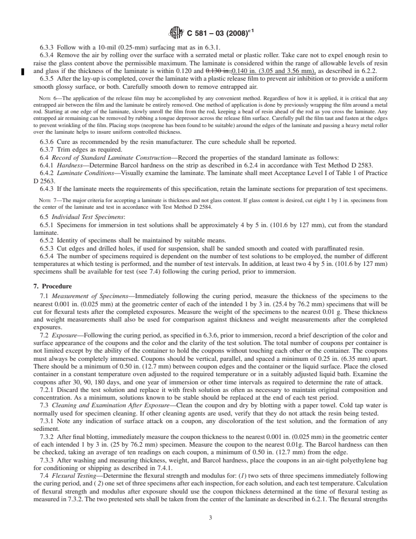 REDLINE ASTM C581-03(2008)e1 - Standard Practice for  Determining Chemical Resistance of Thermosetting Resins Used in Glass-Fiber-Reinforced Structures Intended for Liquid Service