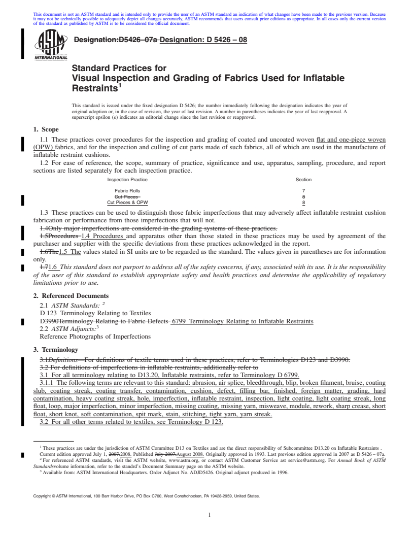 REDLINE ASTM D5426-08 - Standard Practices for  Visual Inspection and Grading of Fabrics Used for Inflatable Restraints